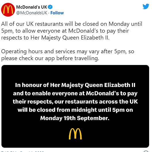 英女王逝世：为表达对国葬敬意，麦当劳将关闭英国所有餐厅一天（组图） - 2