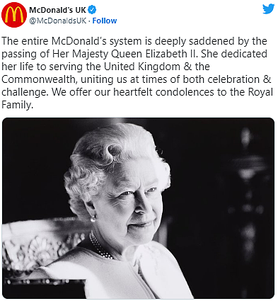 英女王逝世：为表达对国葬敬意，麦当劳将关闭英国所有餐厅一天（组图） - 3