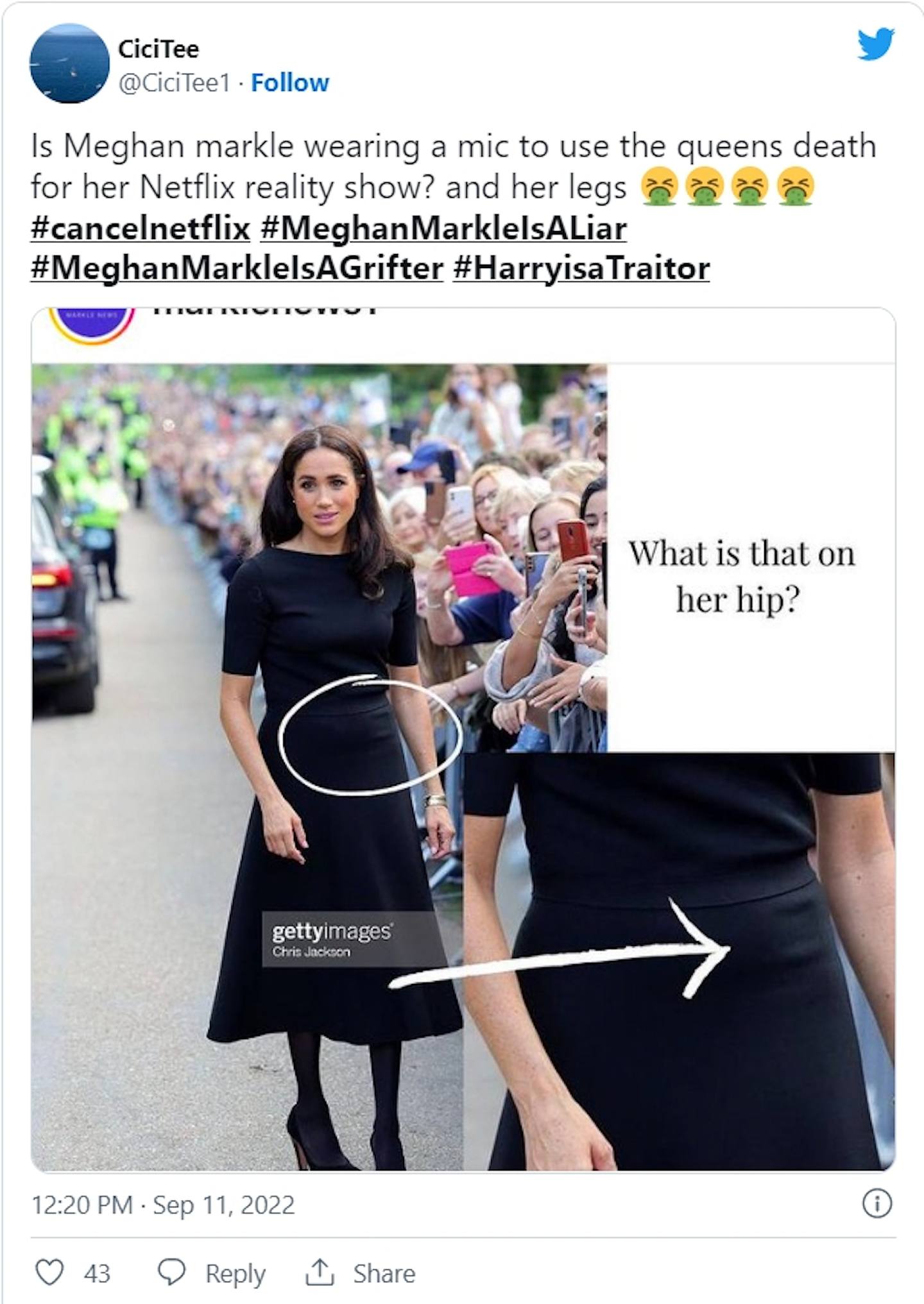 梅根与威廉、哈里、凯特共同来到温莎堡外，观看献给英女王伊利沙伯二世的鲜花，但梅根腰际间的神秘方形折痕也成为外界关注焦点。 有人猜测，梅根当时戴着麦克风录音设备，甚至推测她有可能是在为真人秀收集素材。 （Twitter@CiciTee1）
