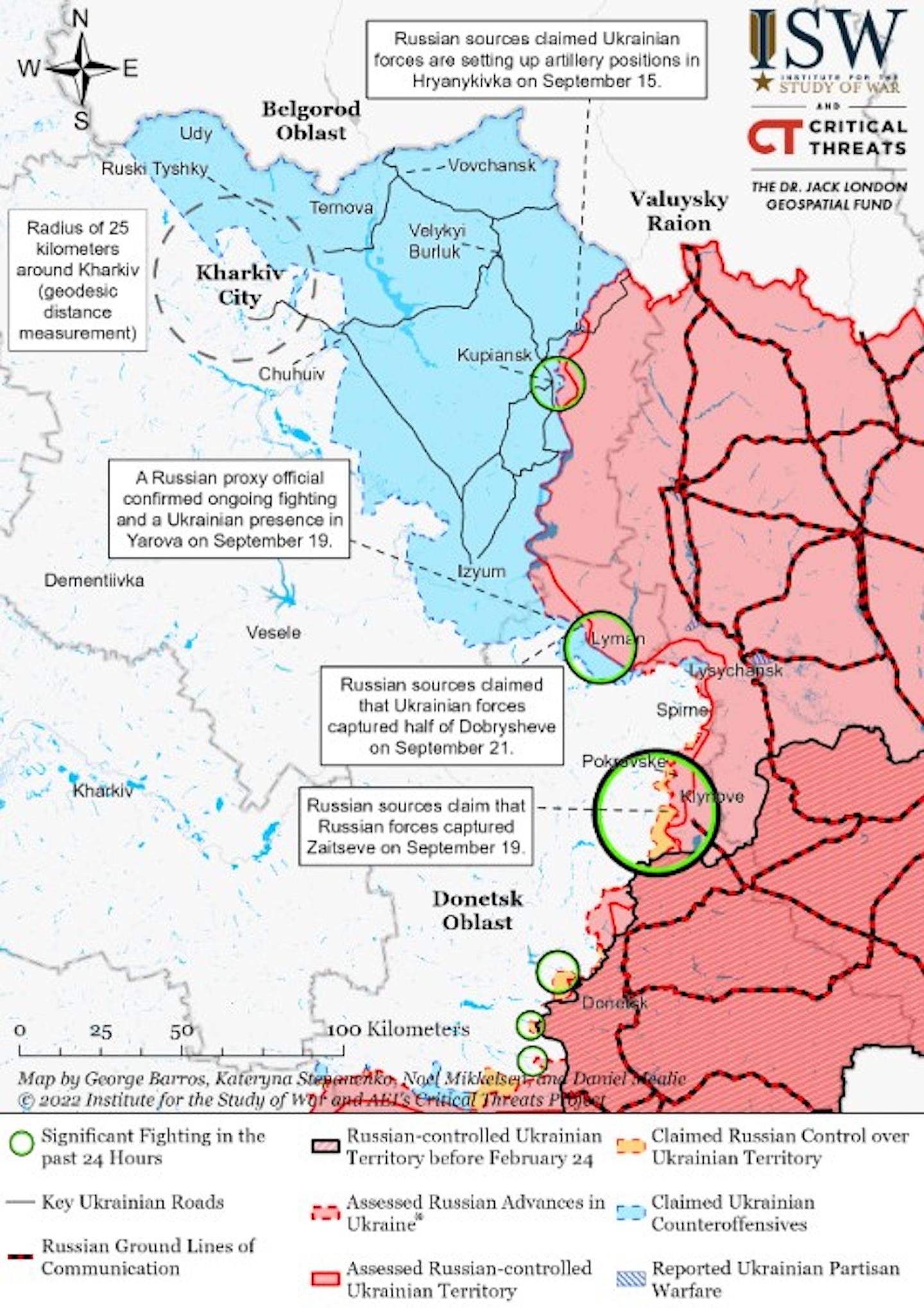 截至9月21日的哈尔科夫-卢甘斯克前线。 乌克兰正向关键城市利曼（Lyman）推进。 （ISW）