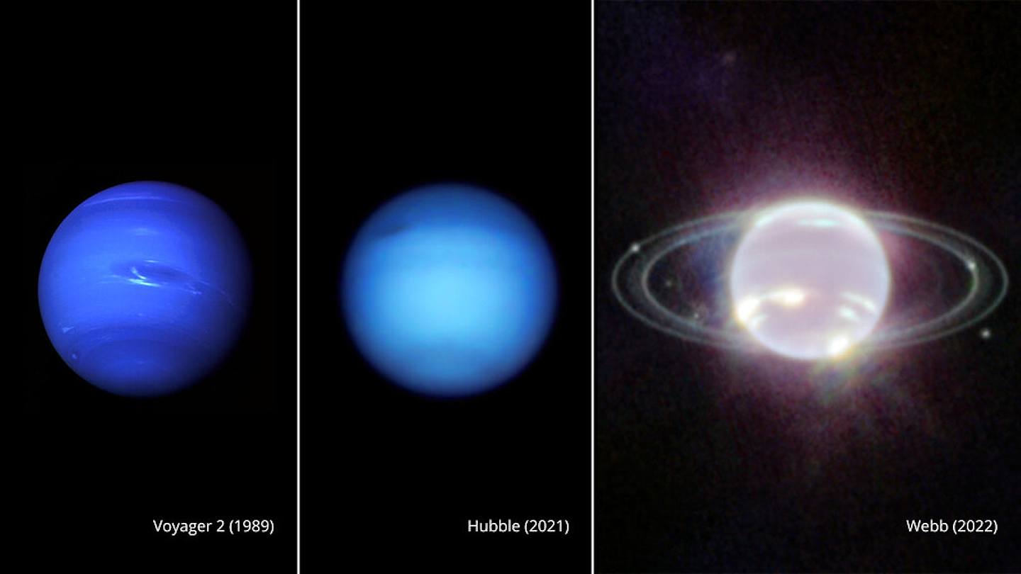 历来的海王星照片对比，左方是1989年航海家2号（Voyager 1）捕捉的影像，中间是2021年哈勃太空望远镜拍摄所得，右方是最新韦伯太空望远镜拍摄的海王星（NASA, ESA, CSA, STScI via AP）