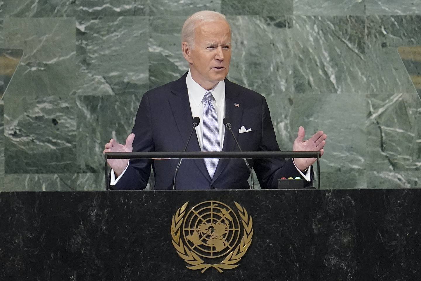 美國總統拜登9月21日在紐約聯合國大會上發言。（AP）