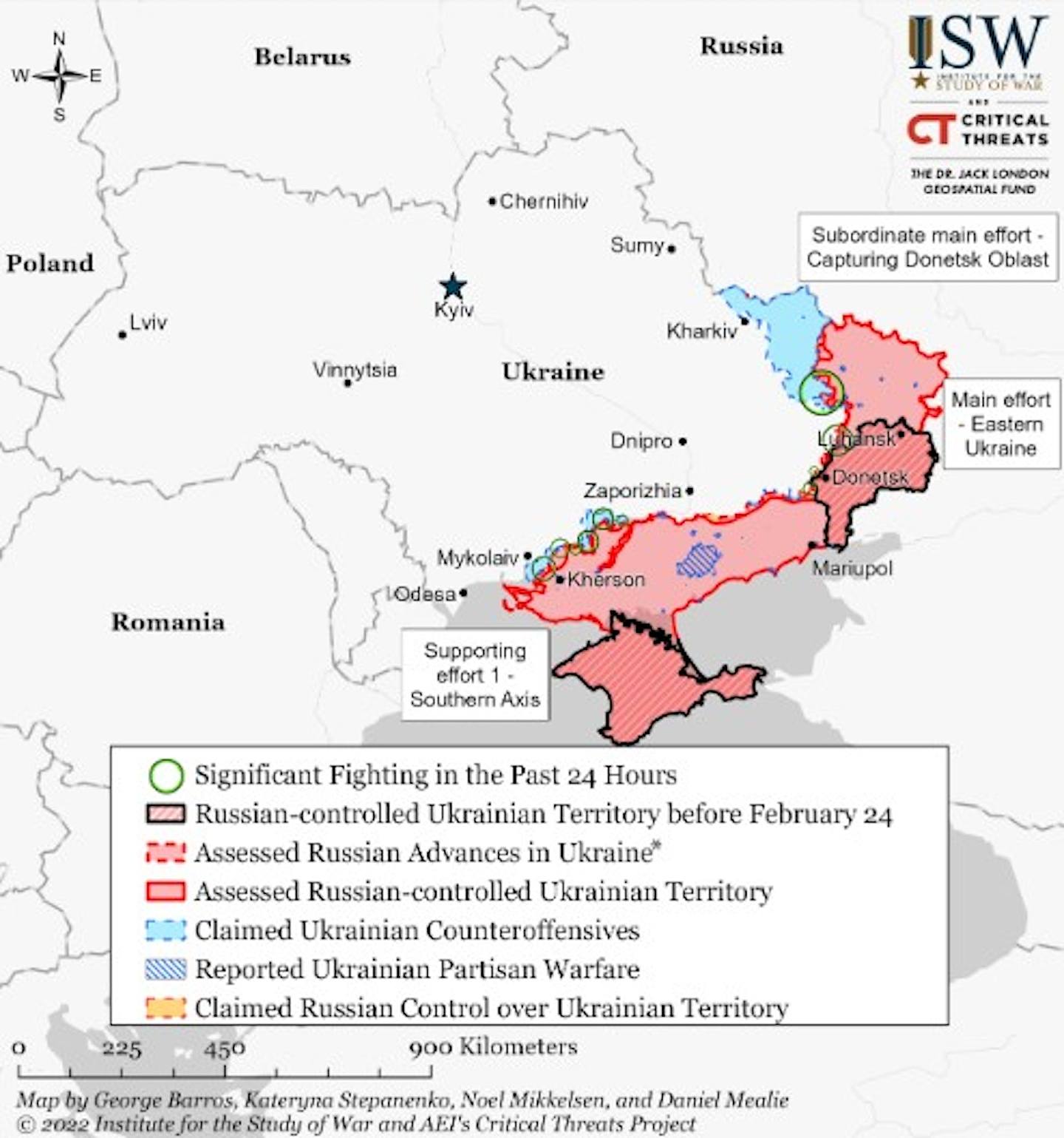 截至9月28日的烏克蘭戰場形勢圖，淺藍部分是烏軍近兩個月反攻奪回的領土。目前俄軍控制的土地大概佔烏克蘭領土的15%。（ISW）