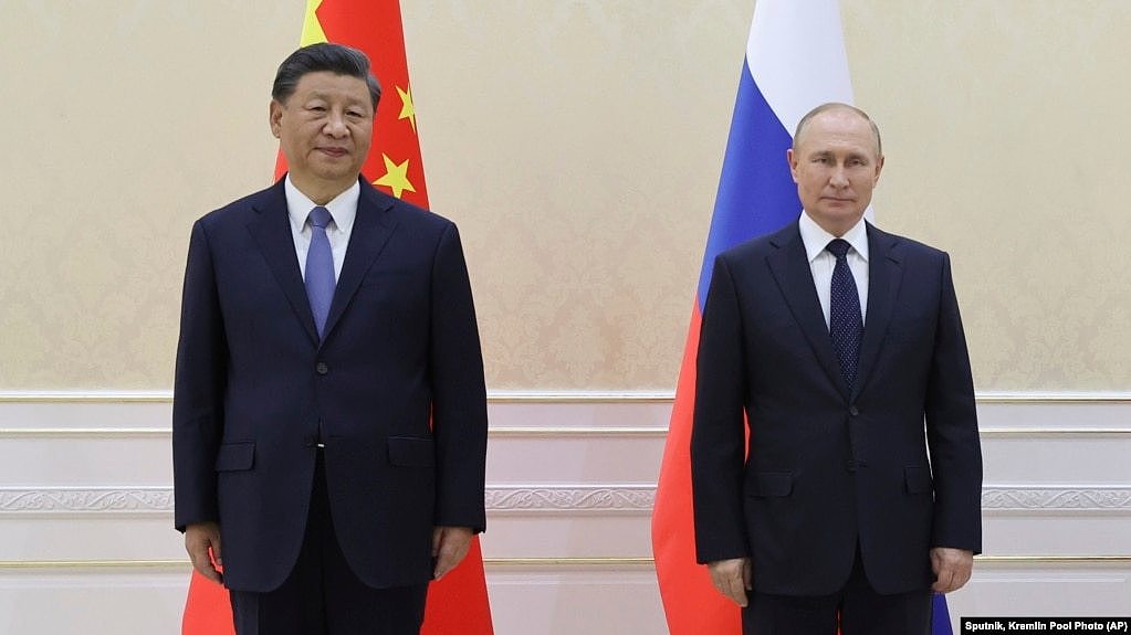 中国领导人习近平与俄罗斯总统普京在乌兹别克斯坦撒马尔罕参加上海合作组织峰会期间举行会晤。（2022年9月15日）