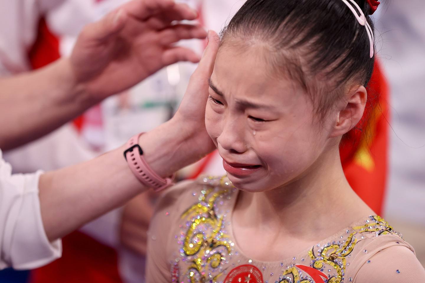 東京奧運平衡木決賽，公布結果一刻管晨辰真情流露哭成淚人。（Getty Images）