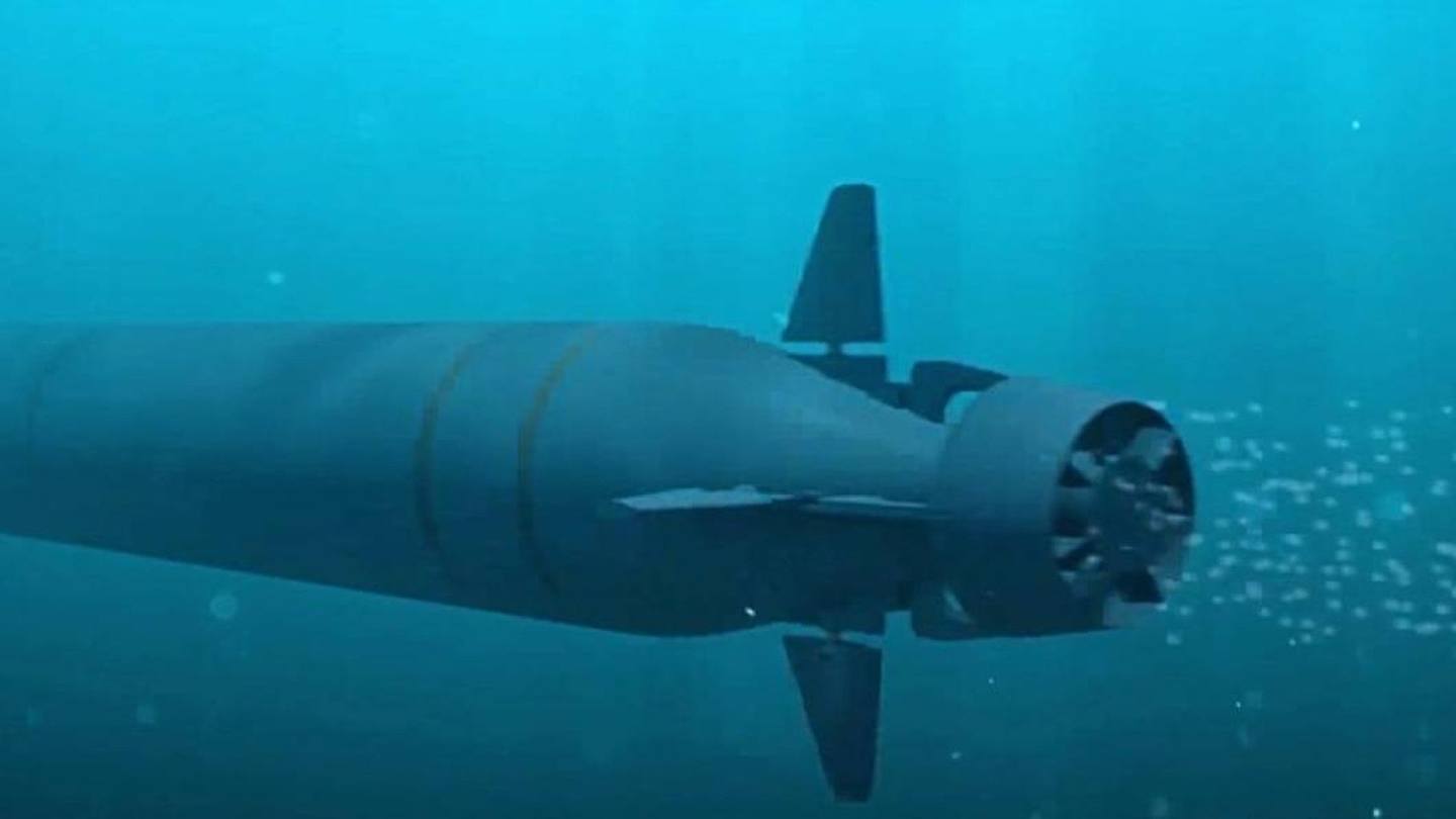 「波塞冬」（Poseidon）超级鱼雷，被称为「末日武器」。 《每日邮报》称，它的爆炸能够引发约500米高的核海啸，淹没以及辐射沿海城市。 （俄罗斯国防部新闻处）