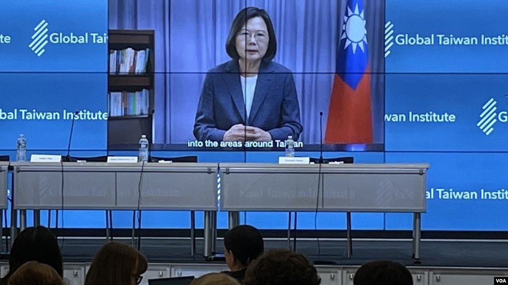 在全球台湾研究中心(GTI)以“美台关系：推进基于规则的国际秩序”为主题的年会上，台湾总统蔡英文发表预先录制的视频讲话。(2022年10月5日)