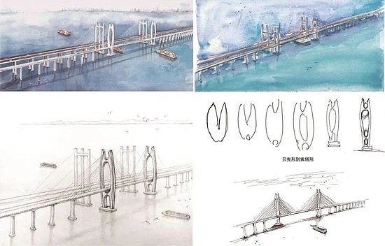 泉州湾跨海大桥手绘图及方案构思演变 　　（图源：铁四院严爱国团队）