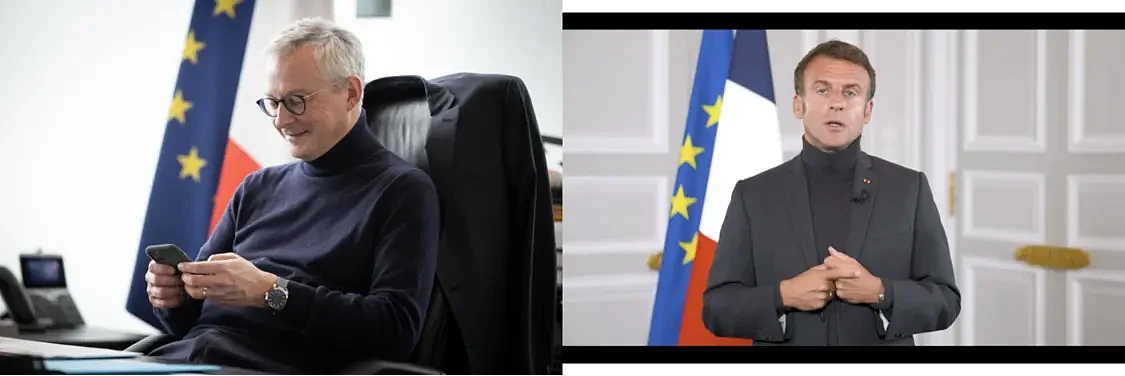 左图：法国经济部部长布鲁诺·勒梅尔（Bruno Le Maire）9月27日发布在自己社交账号上的照片；右图：法国总统马克龙（Emmanuel Macron）10月3日发布于社交平台的讲话视频截图。