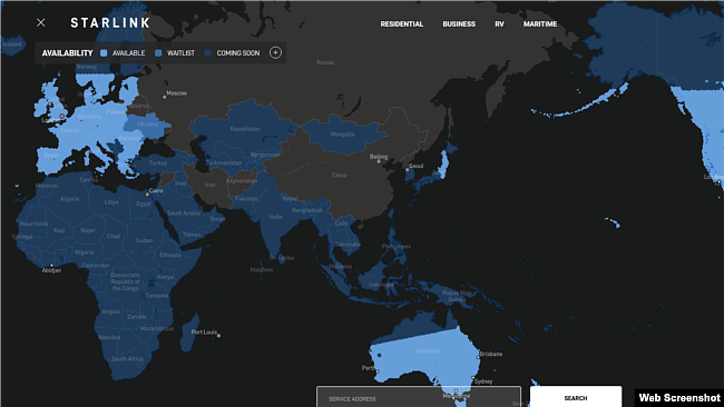 星链官方网站显示的互联网服务覆盖示意地图（2022年10月13日网络截屏）