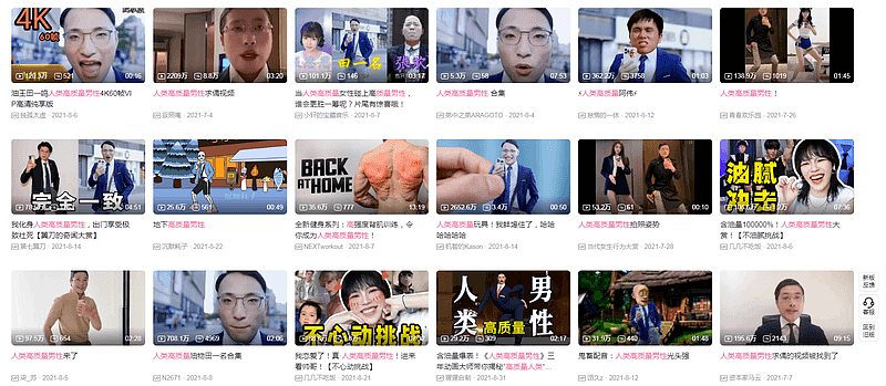 中国影音网站哔哩哔哩（bilibili）上也有不少模仿徐勤根的「人类高质量男性」影片。 目前相关影片均未被移除。 （图撷自bilibili网站）
