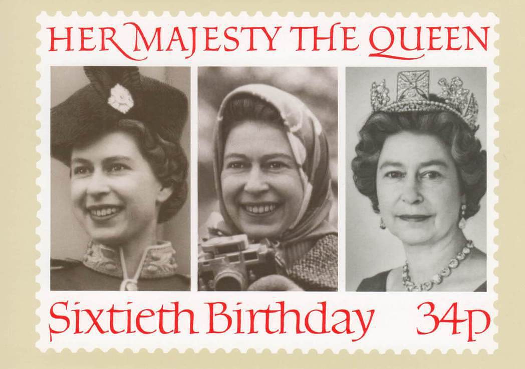 1986年庆祝伊丽莎白二世60岁生日的纪念邮票（34便士版），中间照片是1973...