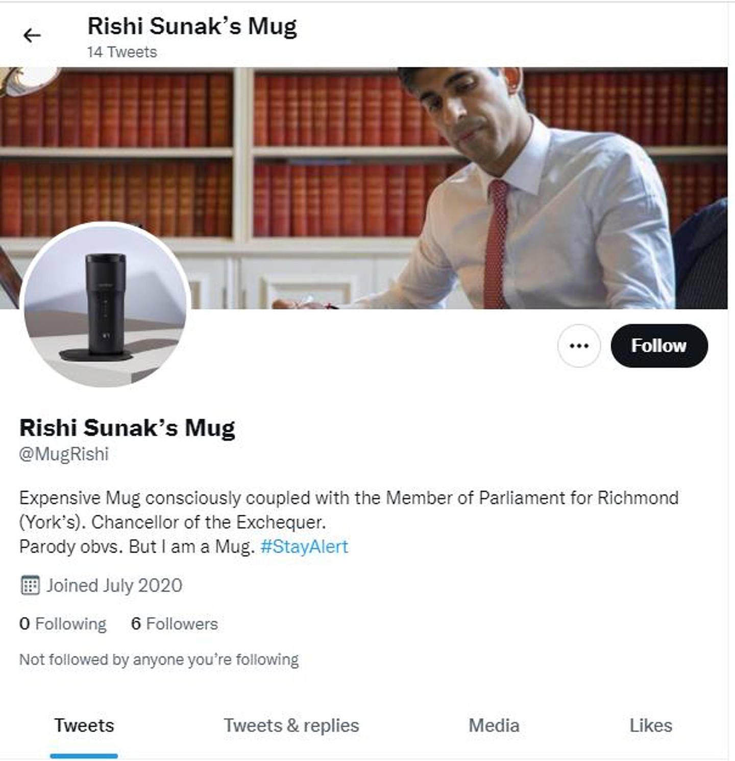 英媒2020年7月報道時任財相辛偉誠擁有一隻價值180英鎊的咖啡馬克杯後，有人在Twitter註冊名為「辛偉誠的馬克杯」的帳戶。（Twitter@MugRishi）