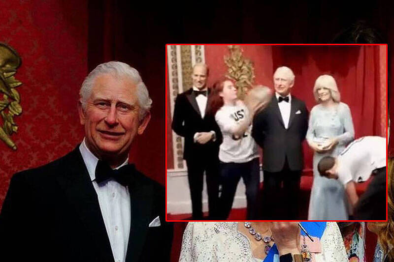 倫敦杜莎夫人蠟像館（Madame Tussauds）的英國國王查爾斯三世蠟像栩栩如生，但今天被環保人士朝臉上砸蛋糕。（圖擷自網路影片、美聯社，本報合成）