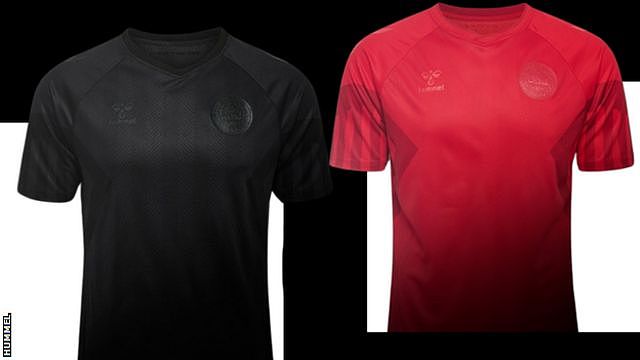 丹麦世界杯球衣：黑色（左）和红色（右）。