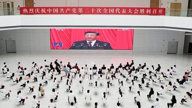 Representatives of teachers and students of the Intelligent Engineering Vocational College watch the opening ceremony of the 20th Congress of the Communist Party of China (CPC) in Chongqing, China, Oct 16, 2022