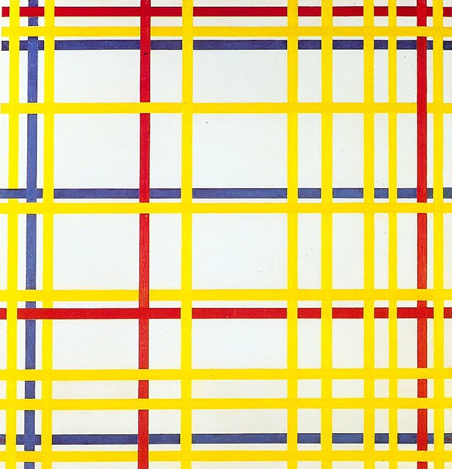 《紐約市1號》是蒙德里安在1941年至1942年間，從歐洲遷往紐約居住時的創作，由數條垂直交錯的藍色、紅色和黃色膠帶完成，並於1945年首度於紐約現代藝術博物館（MoMA）展出。（Piet Mondrian官網）