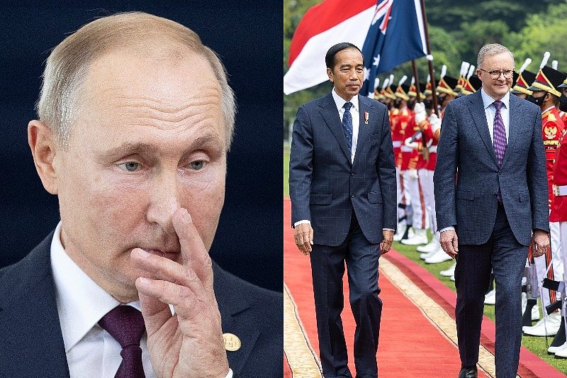 A composite image of Vladimir Putin and Anthony Albanese with Joko Widodo.