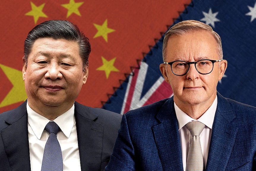 Composite image of Xi Jinping and Anthony Albanese next to each other with the Chinese and Australian flags sewn together.
