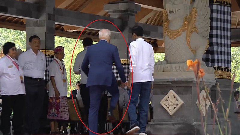 美國總統拜登（Joe Biden）昨日被人拍到上樓梯到一半，右腳突然踉蹌不穩而險些摔倒，印尼總統佐科威立即伸手救援。（圖擷取自@ANI推特）