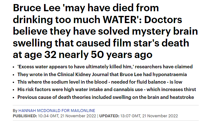 李小龙“可能死于喝太多水”？研究人员提出低钠血症假说（图） - 1