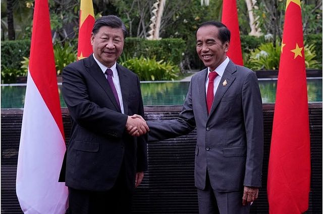 印尼总统佐科（右）与中国国家主席习近平在巴厘岛G20峰会双边会晤期间握手。