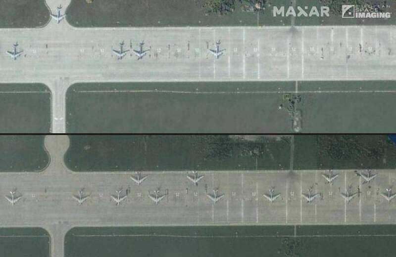 近日俄罗斯空军集结于乌克兰边境的恩格斯空军基地，恐再对乌克兰发动空袭。 （图撷取自NEXTA推特）