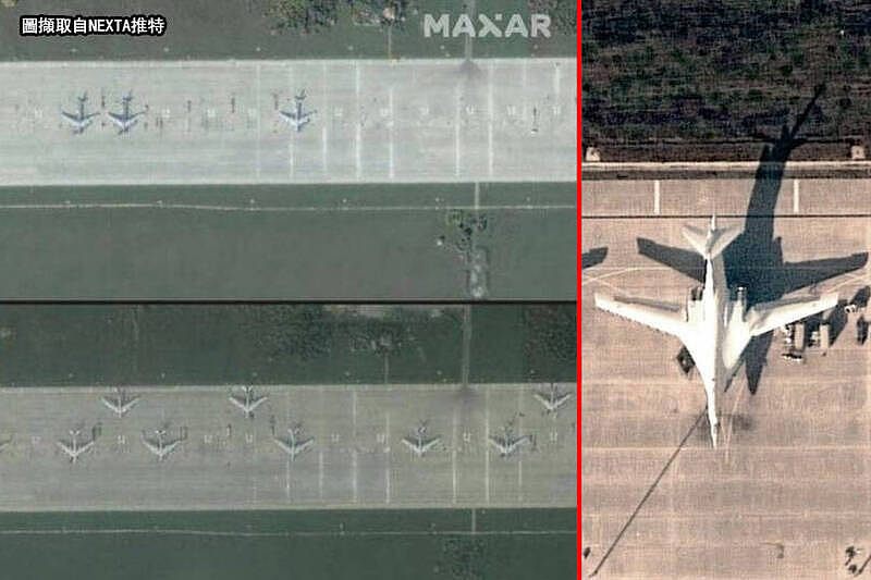 近日俄罗斯空军集结于乌克兰边境的恩格斯空军基地，恐再对乌克兰发动空袭。 （图撷取自NEXTA推特；本报合成）