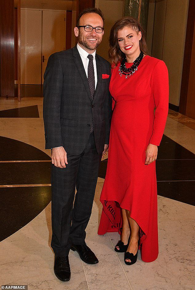 Greens Member for Melbourne Adam Bandt and wife Claudia Perkins arrive for the annual Mid Winter Ball at Parliament House in Canberra in September 2018