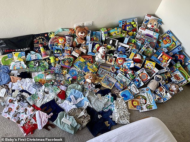 Sydney mum Michigan was shocked and delighted at the amount of gifts her parents bought for her son's first Christmas (pictured: the presents)