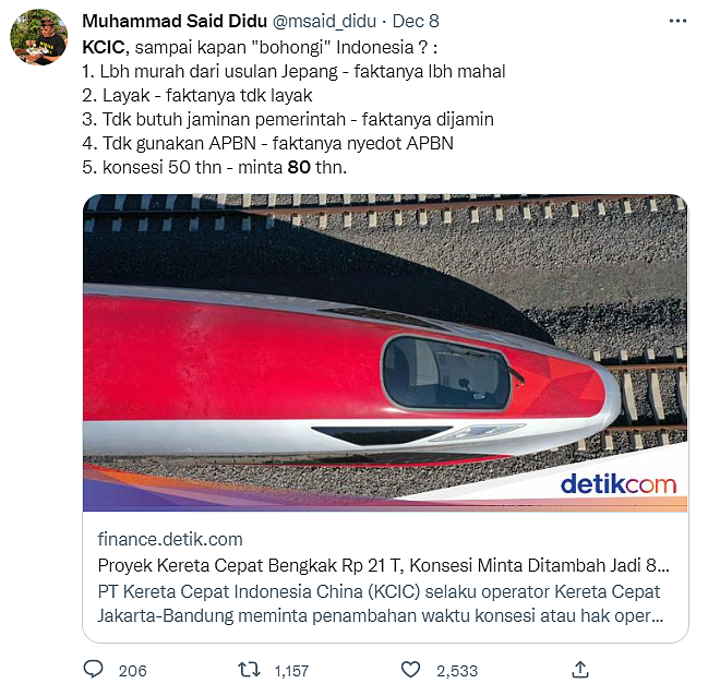 印尼国有企业部原常务副部长Muhammad Said Didu12月8日在个人推特上称，指责中印尼合资公司在5点上欺骗了印尼人，并认为中资建设方案缺乏可行性。该帖引起成千上万人转发和点赞。