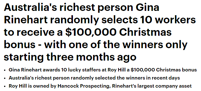 澳洲首富、西澳矿业巨头发$10万圣诞红包，获奖员工刚进公司3个月（组图） - 1
