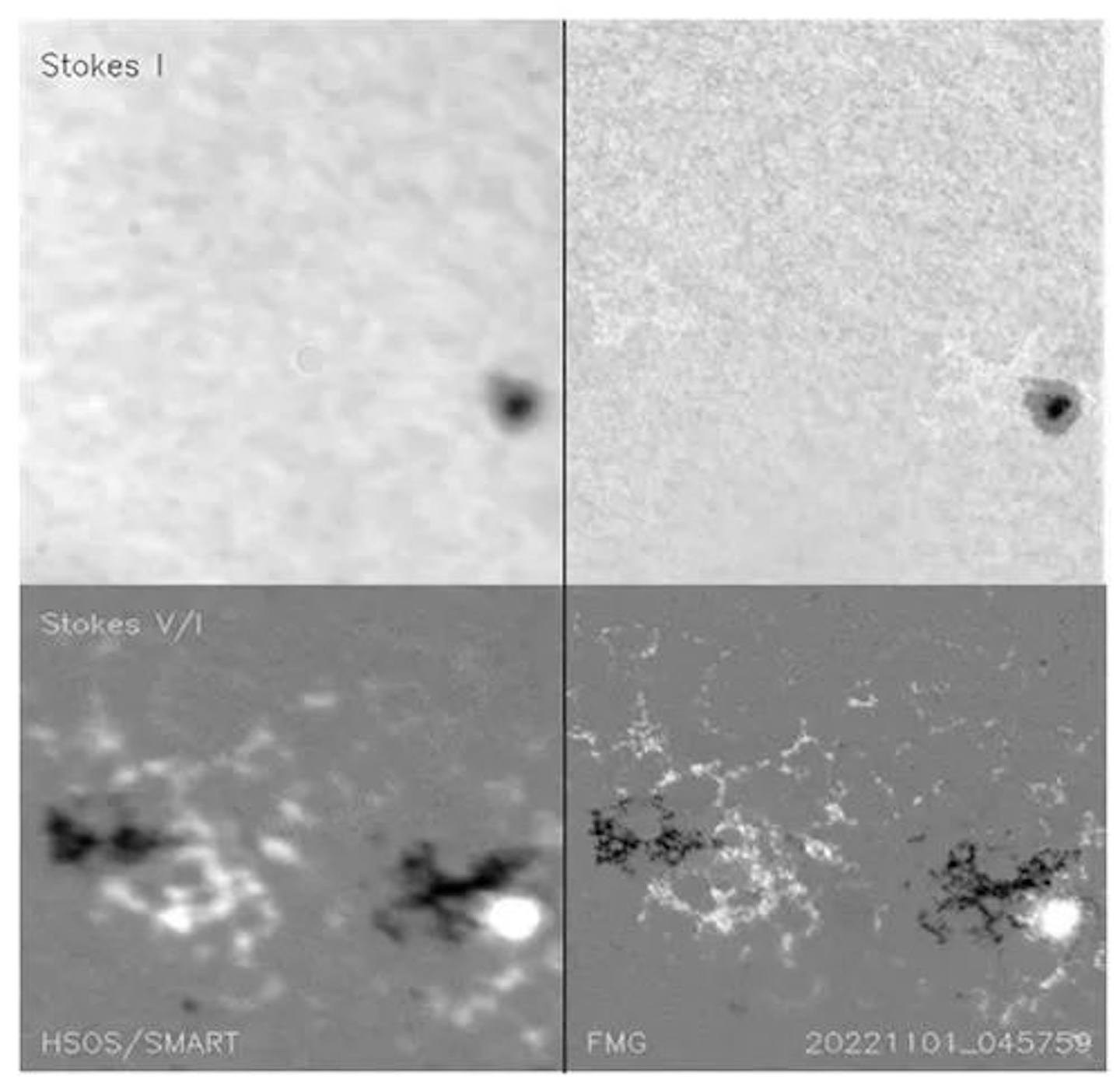 圖1. FMG在軌觀測的局部單色像和磁圖（右邊）與懷柔地面全日面磁場望遠鏡對同一時間同一日面區域觀測的結果（左邊）對比