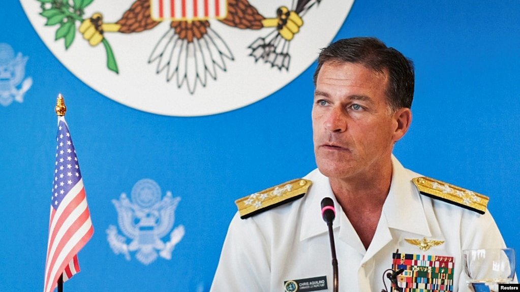 资料照片：时任美军太平洋舰队司令的阿奎利诺上将在曼谷举行的新闻发布会上讲话。（2019年12月13日）