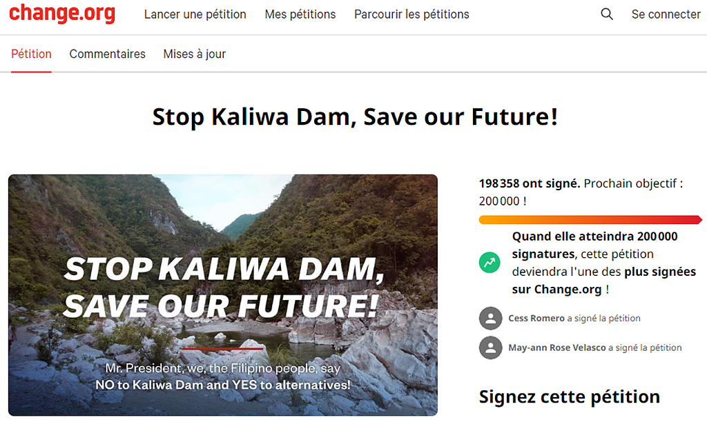 菲律宾人在Change网站上联名反对建卡利瓦水坝，发起人设定最终目标为20万人，当前离预定目标仅差1000多人。(网络截图)