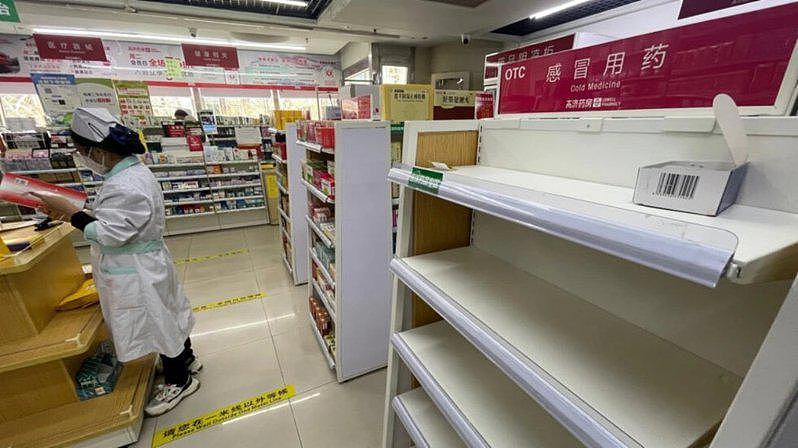 中国各地药局内，止咳退烧、消炎止痛类的药物被抢购一空。 (Getty Image...