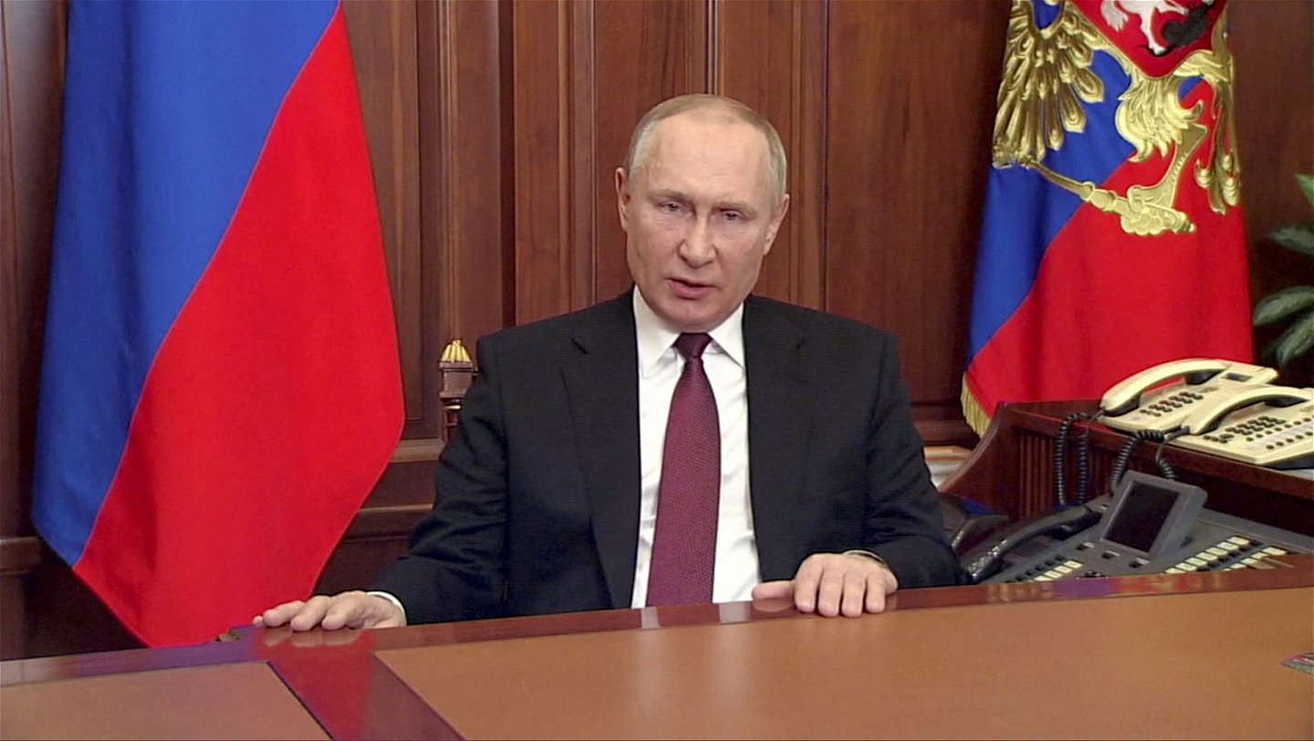 俄罗斯总统普京2月24日发表电视讲话，宣布对乌克兰发动特别军事行动。（图取自路透社）