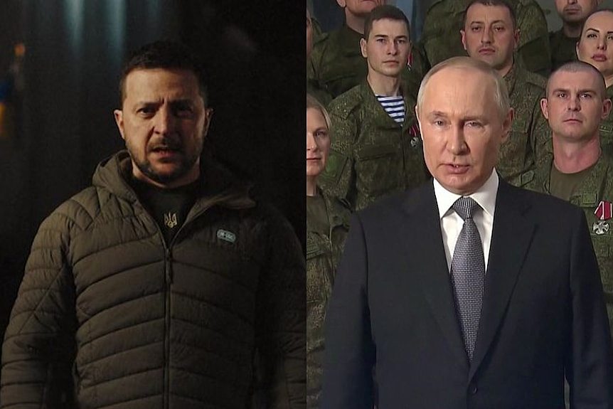 左边是 Volodymyr Zelenskyy 在黑暗中对着镜头讲话，右边是普京站在军人面前。