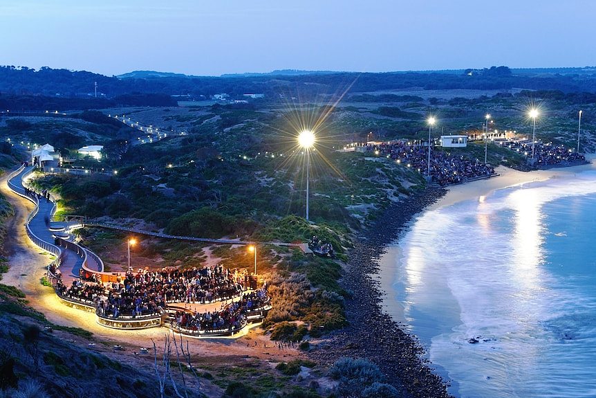 Aerial view of a packed Penguin Parade at Phillip Island.