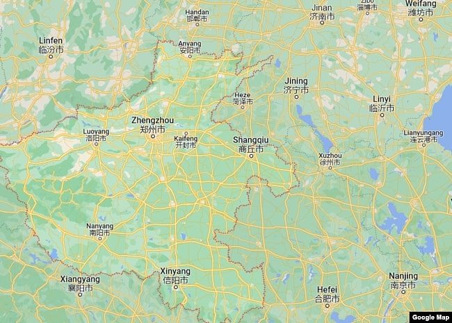 谷歌地图显示的中国河南省及主要城市的地理位置图。