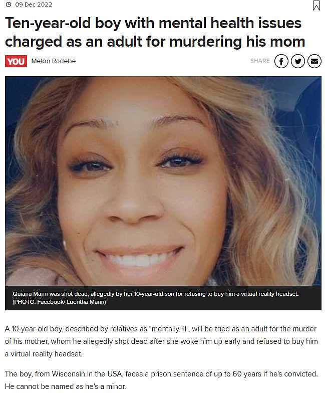 美国威斯康辛州一名44岁的女性在家中被枪杀，谁也没料到行凶的竟是她10岁的儿子。 （图／翻摄自News 24.com）