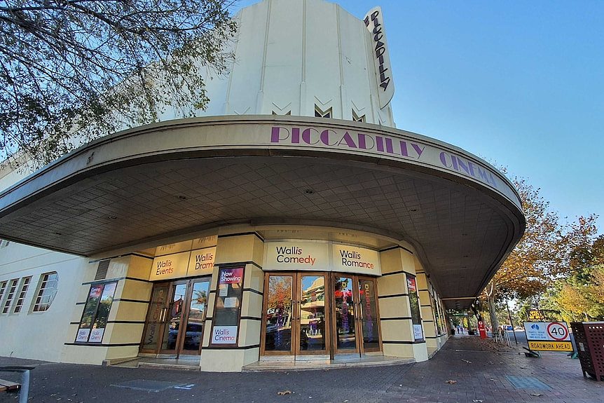 The front glass door entrance to the Piccadilly Cinema in North Adelaide