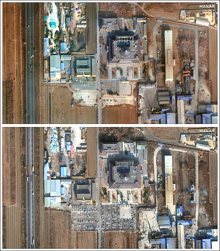 美国马萨尔科技公司拍摄的卫星画面显示，中国河北省唐山市的殡仪馆在2020年1月26日（上）和本月4日有明显对比。 （路透）