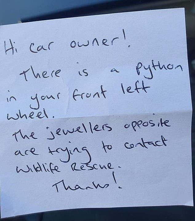 A driver was left stunned after finding a note had been left on his car warning him about an uninvited guest lurking in his wheel