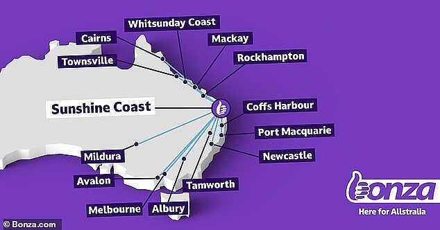 The budget airline will fly a total of 17 routes including 13 from its base on the Sunshine Coast (pictured)