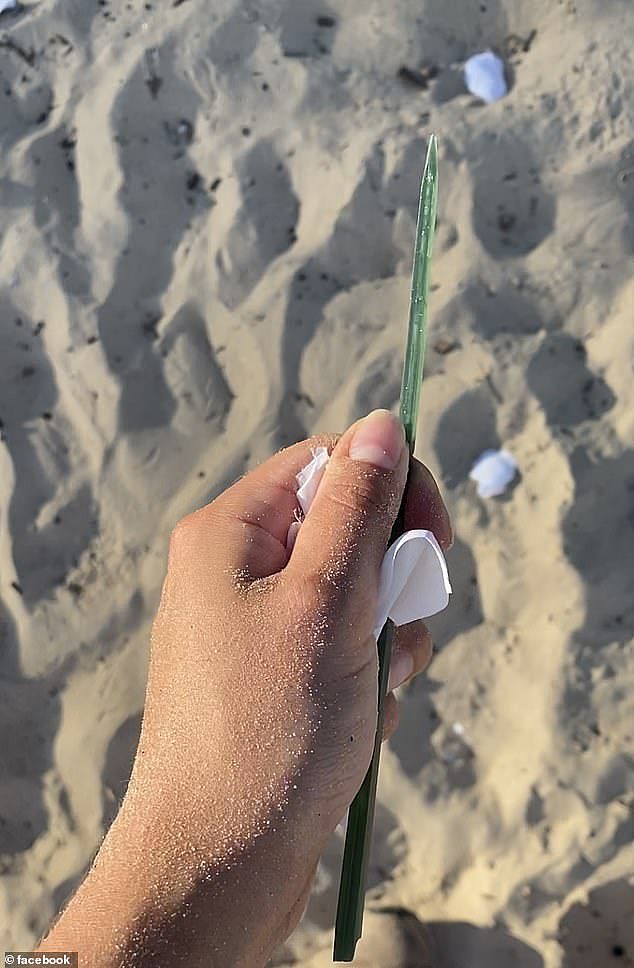 The woman said the newly engaged couple left behind 'hundreds of plastic rose petals' and that there were 'sharp stakes sticking out of the sand and zip ties everywhere'