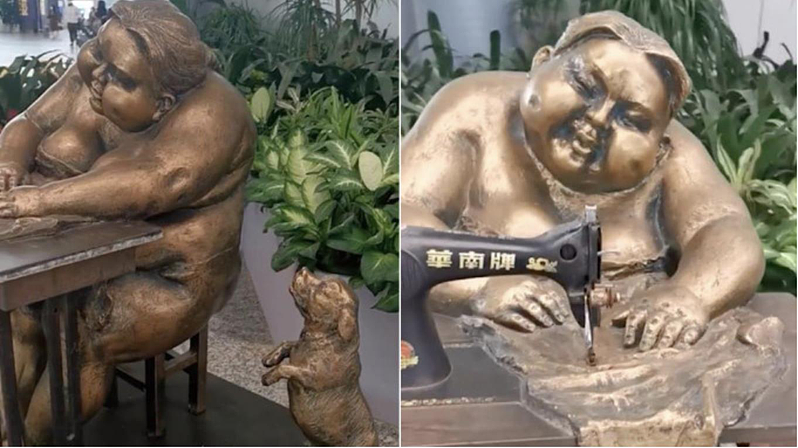 广州白云机场「肥胖女人踩缝纫机」雕塑惹议，大陆网友争论不休。 （微博照片）