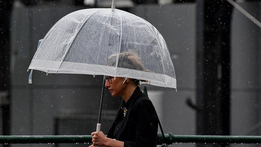 一个女人走在街上，头上顶着一把透明的雨伞，背景中可以看到雨滴。