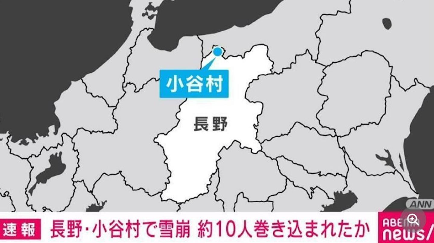 日本ANNニュース在報道中發布地圖，顯示發生雪崩的地點，位於長野縣小谷村。