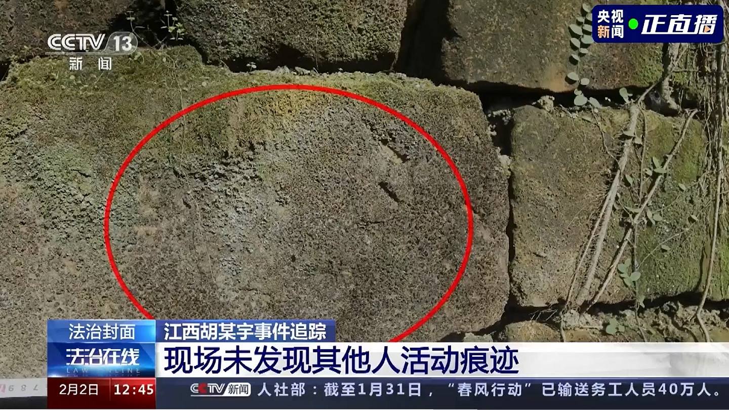 勘查人员发现胡鑫宇生前踩踏过的痕迹，且苔藓踩踏印痕与鞋底痕迹基本吻合。 （影片截图）